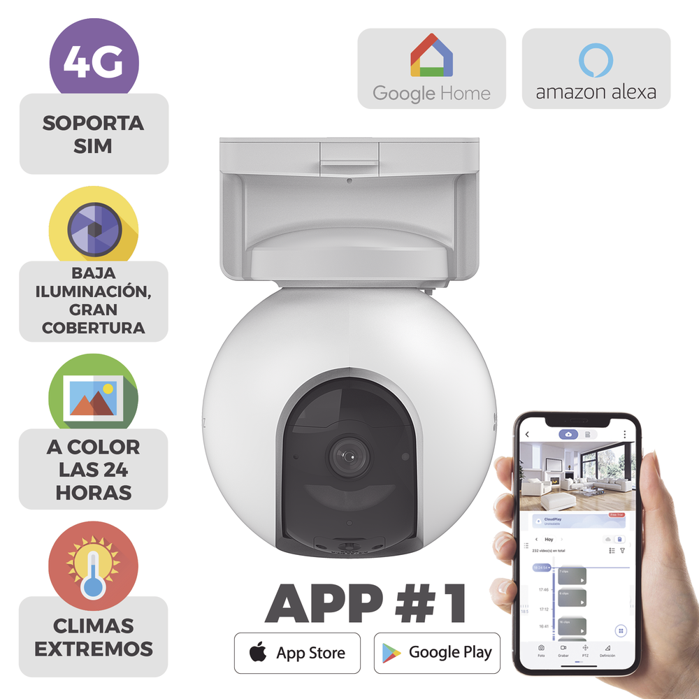 Ezviz Cámara de Batería Recargable 4G Compatible con Panel Solar / Seguimiento Inteligente / Visión Nocturna a Color / Detección humana / Exterior Con Protección IP65