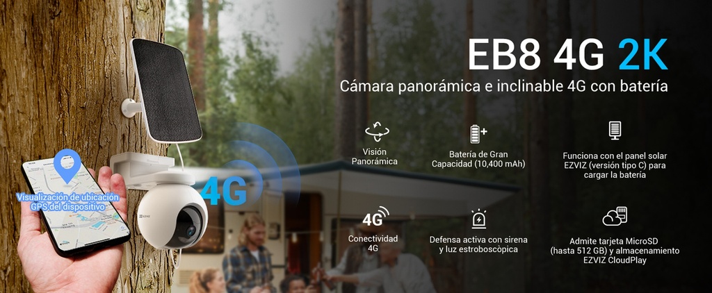 Ezviz Cámara de Batería Recargable 4G Compatible con Panel Solar / Seguimiento Inteligente / Visión Nocturna a Color / Detección humana / Exterior Con Protección IP65
