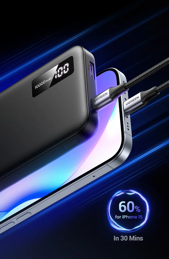 UGREEN Power Bank de 10000mAh NEXODE | 22.5W | USB-A | USB-C | Indicador Led | Tecnología de Carga Rápida | Ultra Delgado | Ultra ligero | PD3.0/QC3.0/FCP/AFC/APPLE/SAMSUNG/ BC1.2/SC | Aprobado CE, Rohs, FCC, REACH, POPS, etc.