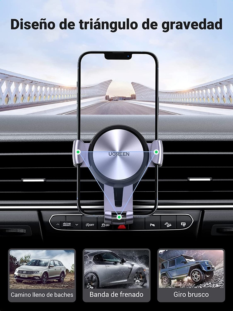 Soporte de Celular para Automóvil en Rendija de Ventilación / Sistema de Gravedad / Rotación de 360° /Ángulo Múltiple / Almohadillas de Goma Antideslizantes / Amplia Compatibilidad con dispositivos de 4'' a 7'' / Color Negro
