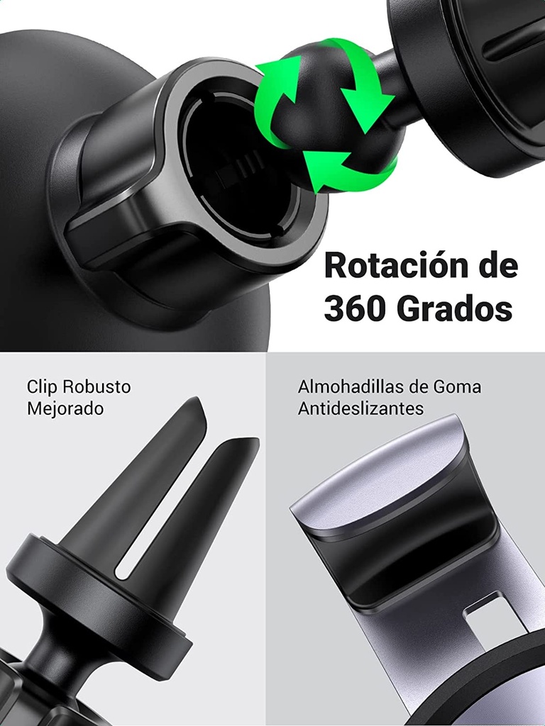 Soporte de Celular para Automóvil en Rendija de Ventilación / Sistema de Gravedad / Rotación de 360° /Ángulo Múltiple / Almohadillas de Goma Antideslizantes / Amplia Compatibilidad con dispositivos de 4'' a 7'' / Color Negro