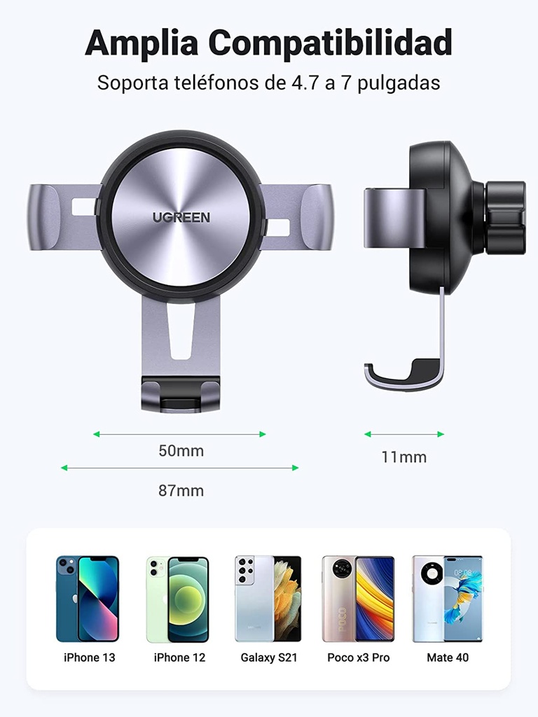 Soporte de Celular para Automóvil en Rendija de Ventilación / Sistema de Gravedad / Rotación de 360° /Ángulo Múltiple / Almohadillas de Goma Antideslizantes / Amplia Compatibilidad con dispositivos de 4'' a 7'' / Color Negro