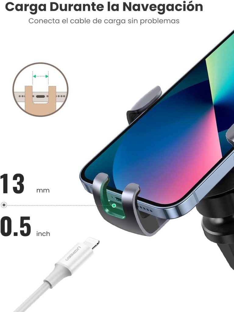 Soporte de Celular para Automóvil en Rendija de Ventilación / Sistema de Gravedad / Rotación de 360° /Ángulo Múltiple / Almohadillas de Goma Antideslizantes / Amplia Compatibilidad con dispositivos de 4'' a 7'' / Color Negro