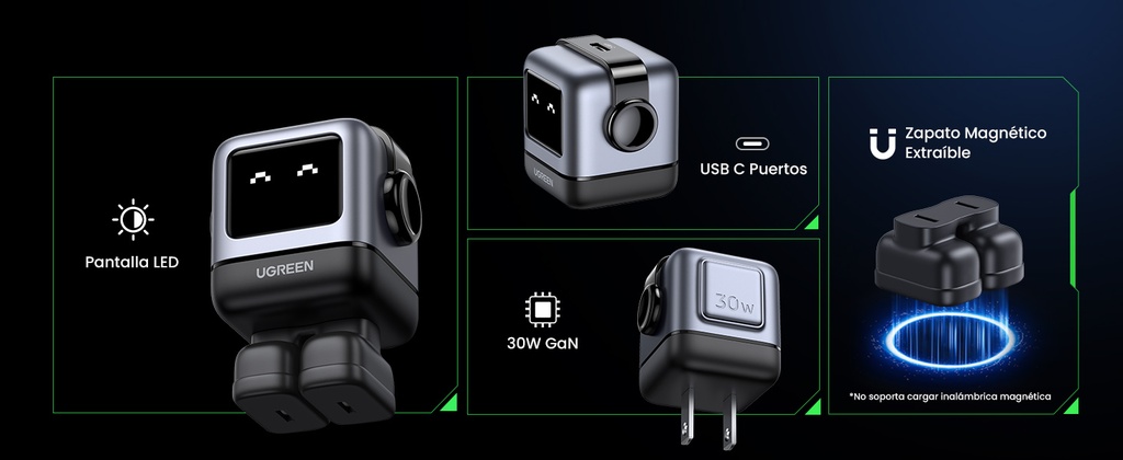 UGREEN Cargador Mini GaNRobot 30W serie Nexode | 1 USB-C de Carga Rápida | Tecnología GaN II | Multiprotocolo PD/QC/SCP/FCA | Carga Inteligente | Pantalla LED | Zapato Magnético Extraíble | Color Negro.