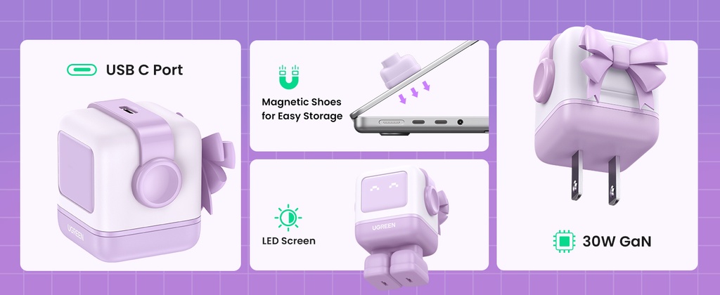 UGREEN Cargador Mini GaNRobot 30W serie Nexode | 1 USB-C de Carga Rápida | Tecnología GaN II | Multiprotocolo PD/QC/SCP/FCA | Carga Inteligente | Pantalla LED | Zapato Magnético Extraíble | Thermal Guard | Color Lila.