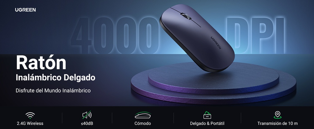 UGRENN Mouse inalámbrico 2.4 GHz | Ultra Delgado y Silencioso | DPI 1000/1600/2000/4000 (Ajustable) | Alcance 10m | Scroll de Aluminio | Adaptable a diferentes superficies | Diseño suave al tacto | Contiene Receptor USB | Color Negro.