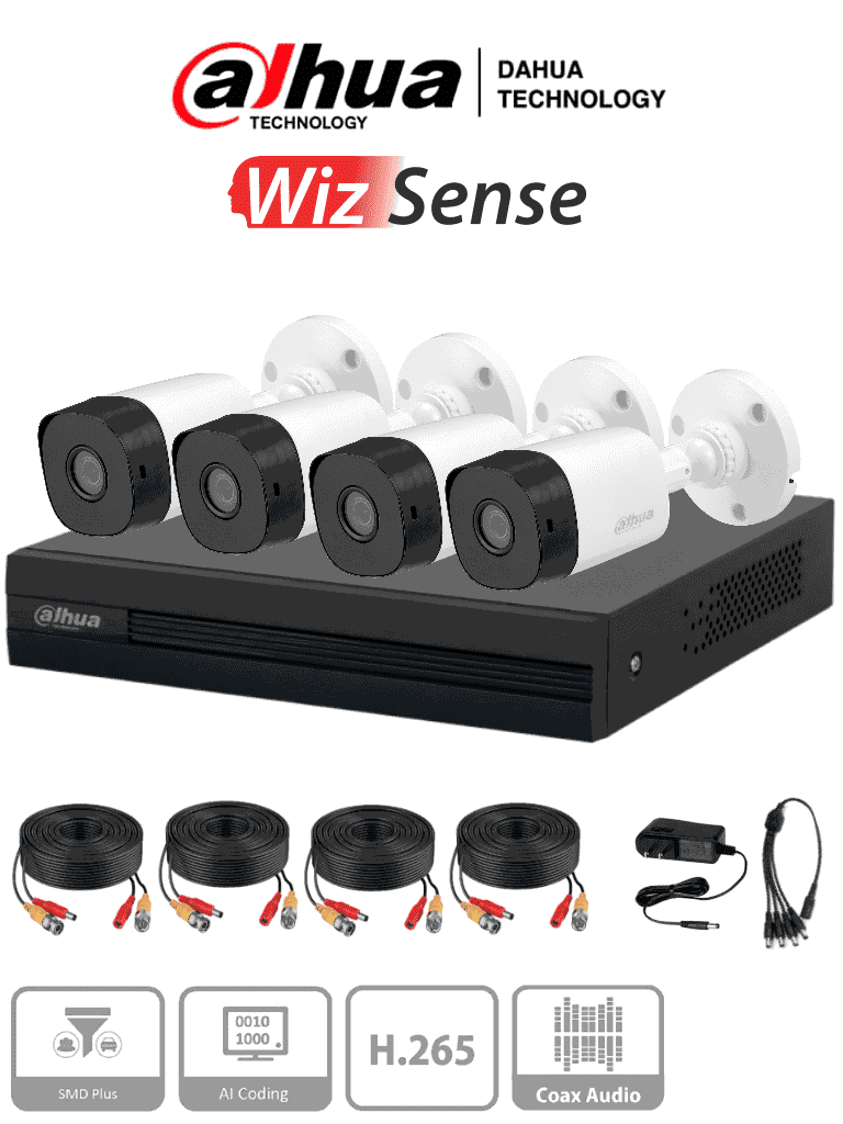 Dahua Kit 4ch cámaras 1Mpx, ángulo 93°, hasta 5 canales IP, SMD Plus, búsqueda de humanos y vehículos