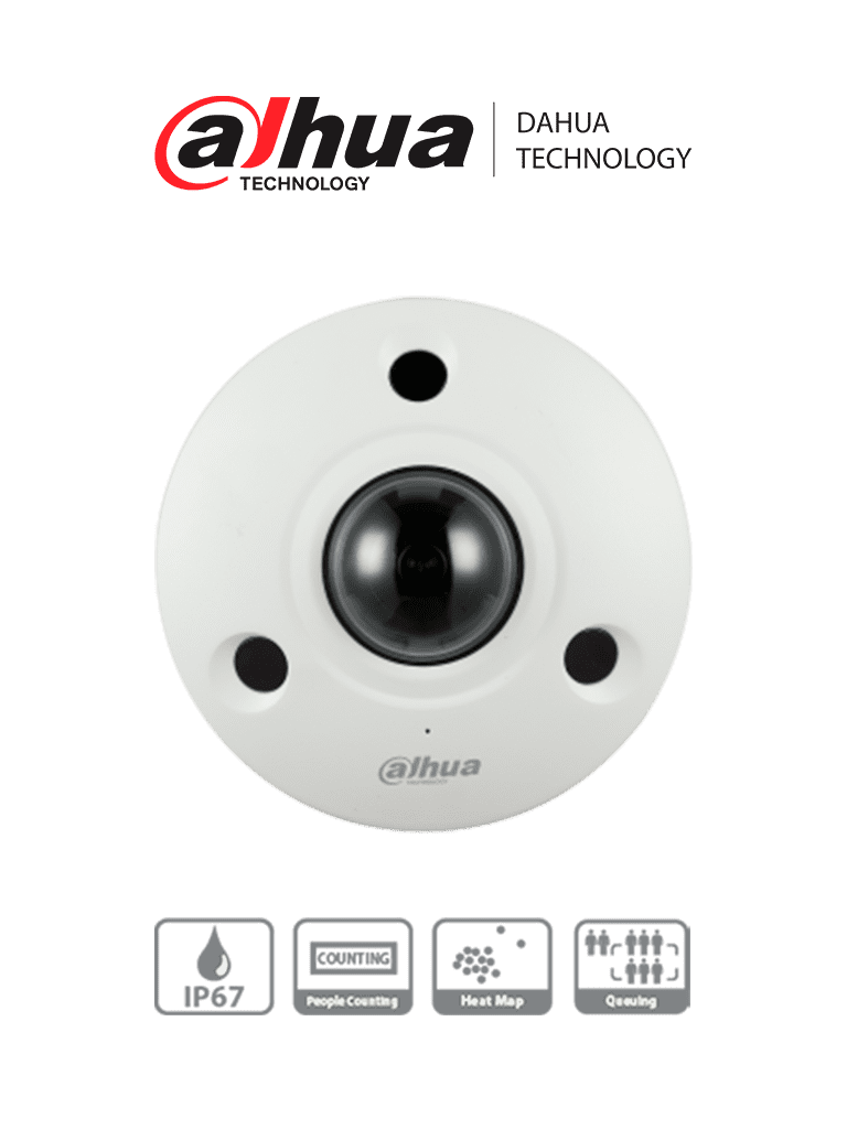 Dahua Cámara IP Fisheye 12 MP / 360 Grados / IR 10 mts / IA WizMind / Conteo de Personas / Cantidad de Personas en Áreas / Mapa de Calor / PoE / DWDR / H.265 / IP67 / IK10 / E&S Alarma / E&S Audio