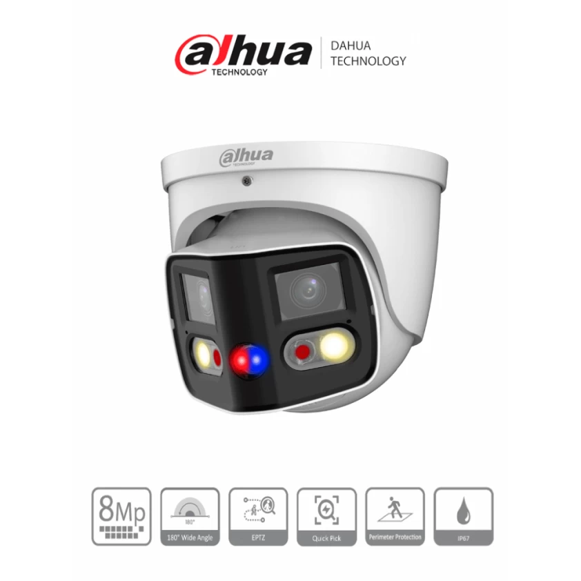 DAHUA Cámara IP Panorámica Dual de 2x4MP / WizSense / TiOC / 180° Grados/ Micrófono y Altavoz / Disuasión Activa / EPTZ / E&S de Alarma y Audio