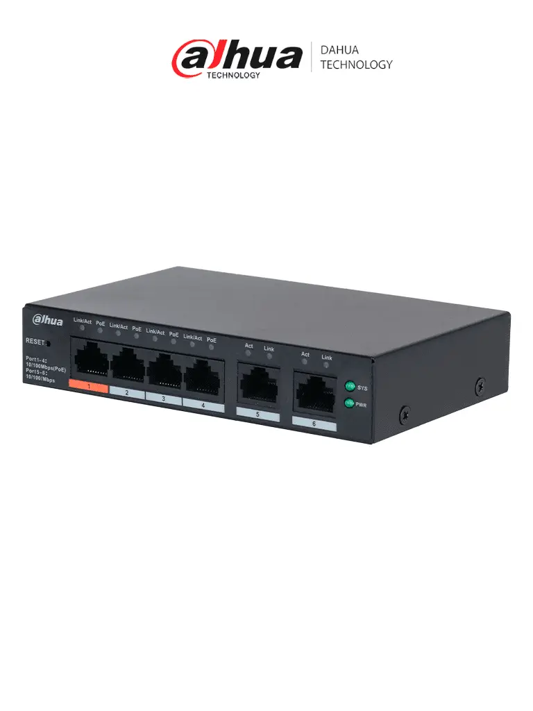 Dahua Switch PoE Administrable / 4 PoE 10/100 / 2 Ptos Uplink Gigabit / 65 W PoE / DoLynk Care