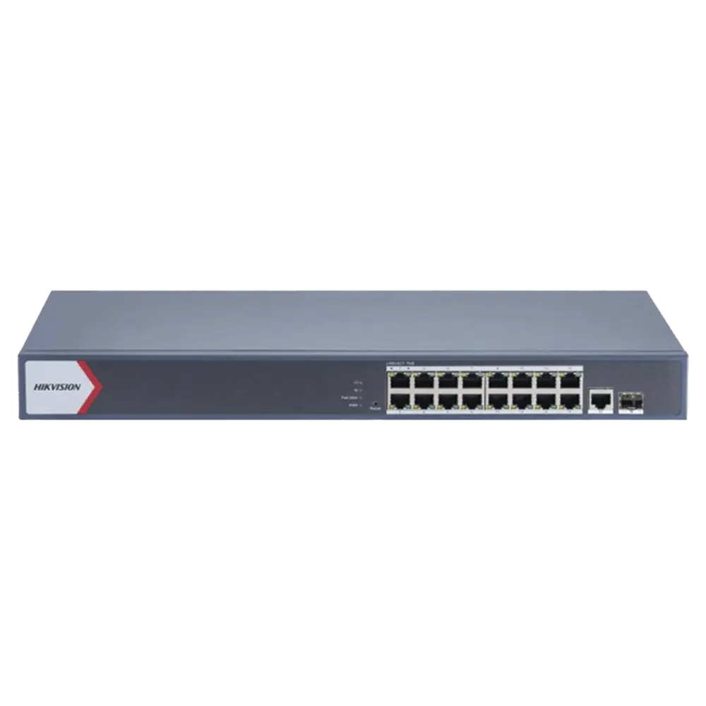 Hikvision Switch 16P Gigabit PoE+ / 1P Gigabit Uplink / 1 Puerto SFP / Monitoreable / Modo Extendido hasta 300 Metros / 130 Watts