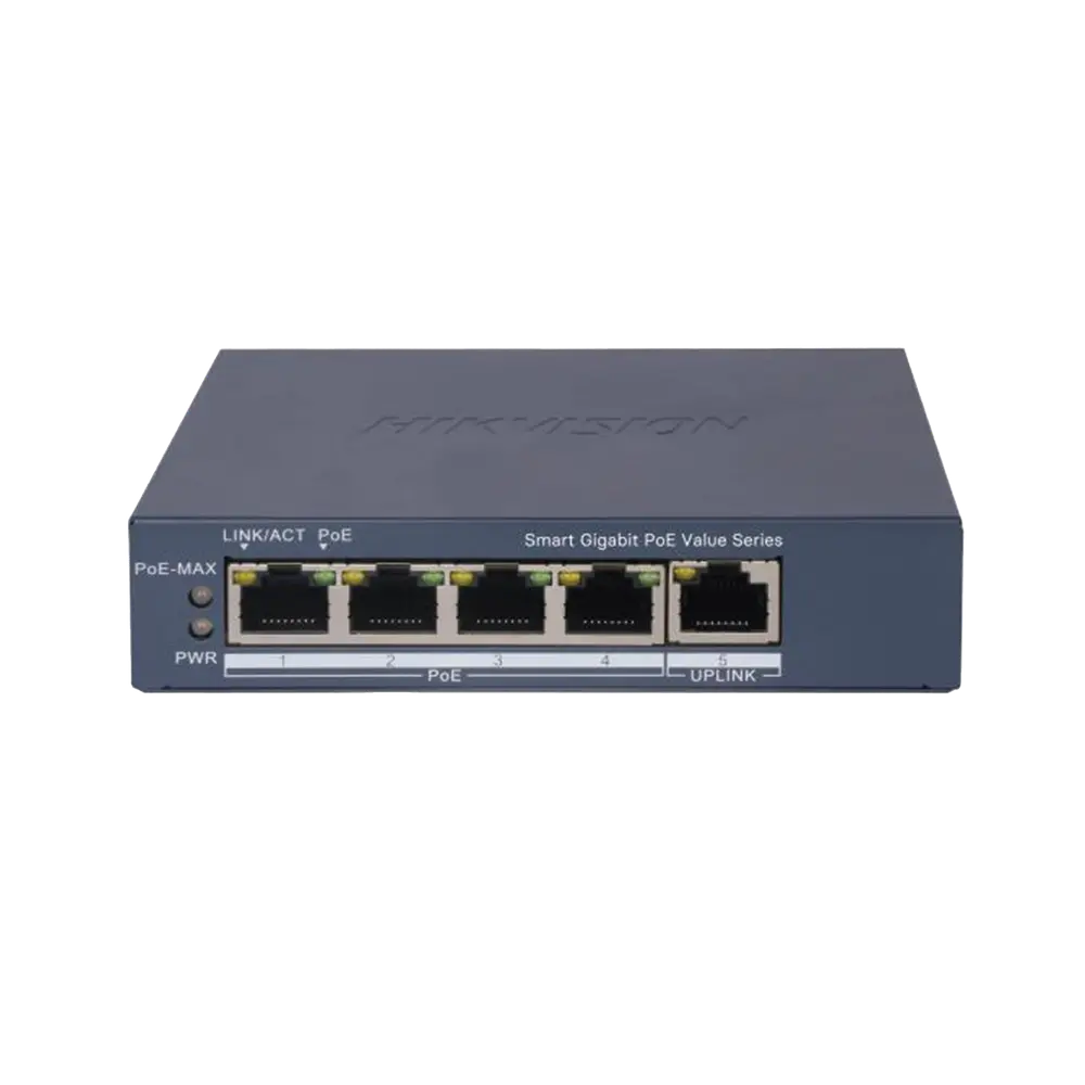 Hikvision Switch 4P Gigabit PoE+ / 1P Gigabit Uplink / Administrable / Modo Extendido hasta 300 Metros / 45 Watts
