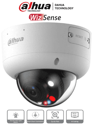 [DH-IPC-HDBW3849R1-ZAS-PV-S5] Dahua Cámara IP Domo 8Mpx / TiOC / WizSense / lente motorizado 2.7-13.5mm / 50m IR 40m Luz / audio bidireccional / 1 E&S de Alarma y Audio / Sirena y estrobos / AcuPick / IP66 / Antivandálica