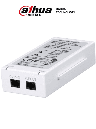 [DH-PFT1200] Dahua Inyector PoE Midspan Gigabit / Soporta PoE|PoE+|Hi-PoE 60 Watts para PTZ / Indicadores Led de Status