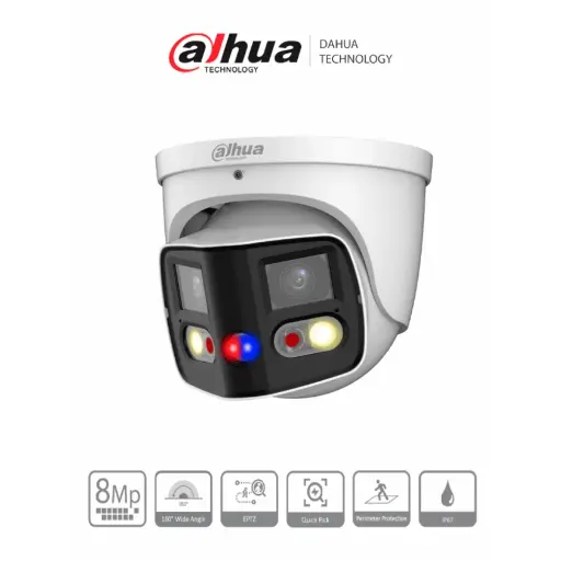 [DH-IPC-PDW3849-A180-AS-PV] DAHUA Cámara IP Panorámica Dual de 2x4MP / WizSense / TiOC / 180° Grados/ Micrófono y Altavoz / Disuasión Activa / EPTZ / E&S de Alarma y Audio