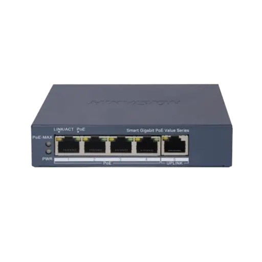 [DS-3E1505P-EI/M] Hikvision Switch 4P Gigabit PoE+ / 1P Gigabit Uplink / Administrable / Modo Extendido hasta 300 Metros / 45 Watts